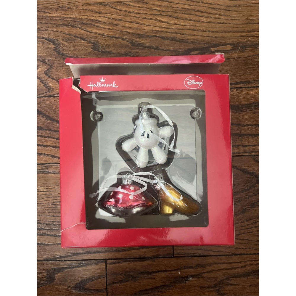 Disney Hallmark Christmas Blown Glass Mickey Mouse Ornament Set Pants Glove Shoe
